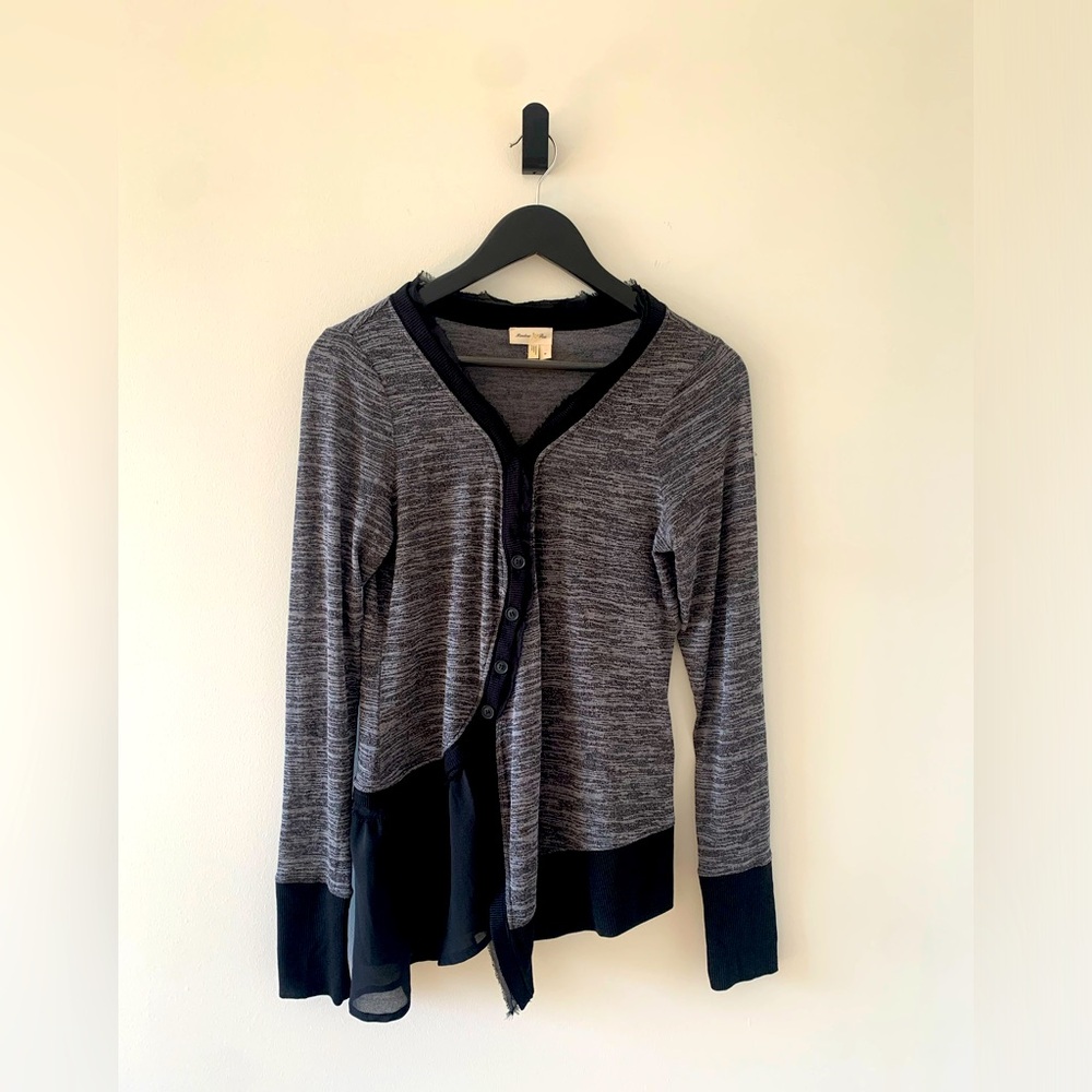 Anthropologie Meadow Rue Knit Pullover Top Grey/Black Sheer & Ribbed Trim Size M